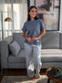 Women summer pajama set Dark Grey Tee + Light Grey X White Stripes Pants
